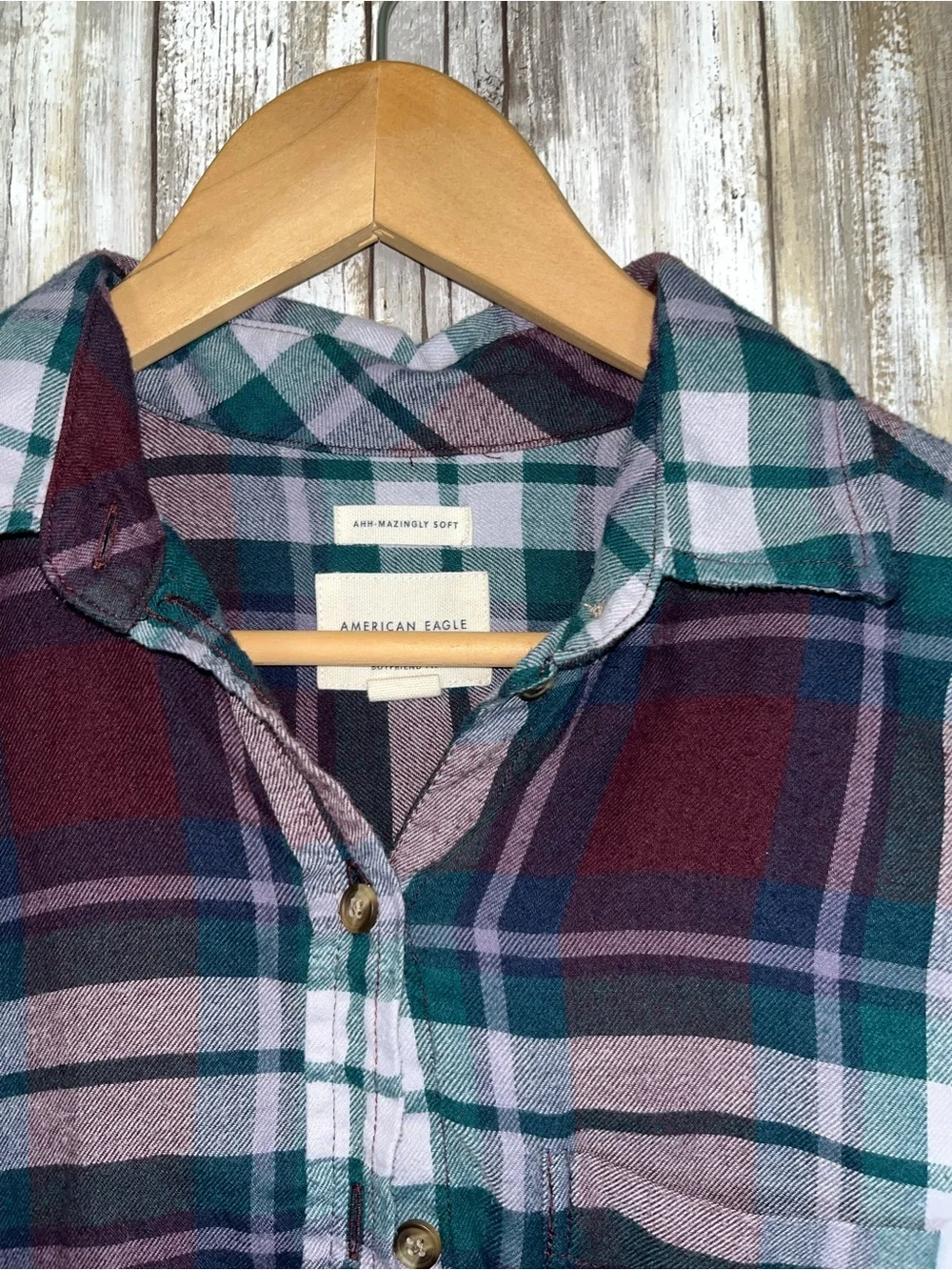 American Eagle Boyfriend Plaid Flannel Shirt XS Burgundy Green Button Down Top - Picture 2 of 6